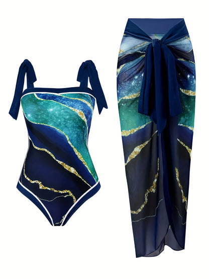 Tankini femme chic imprimé marbre bleu avec paréo assorti – Élégance et confort à la plage