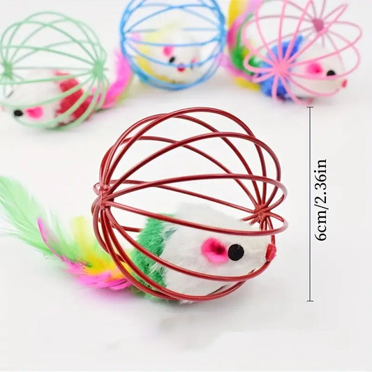 Jouet Souris en Cage pour Chat – Balle en Métal avec Plumes pour Petits Animaux Actifs (6 cm)