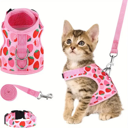 Ensemble Harnais et Laisse pour Chaton – Motif Fraise Rose, Réglable et Confortable pour Promenade Sécurisée