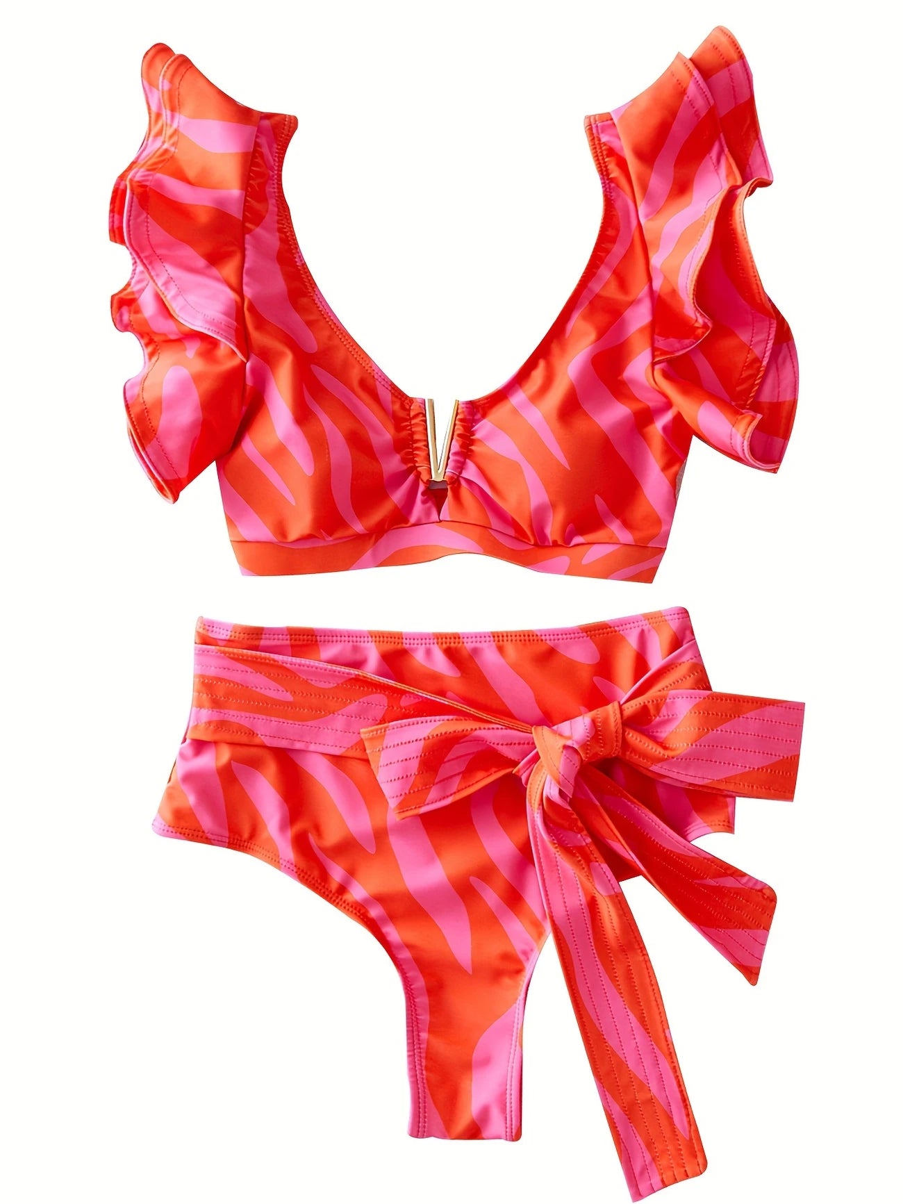 Bikini à volants – Haut élégant avec décolleté doré et culotte nouée avec grand nœud