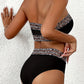 Ensemble Bikini Bandeau Noir à Détails Léopard – Taille Haute Sculptante & Sans Bretelles
