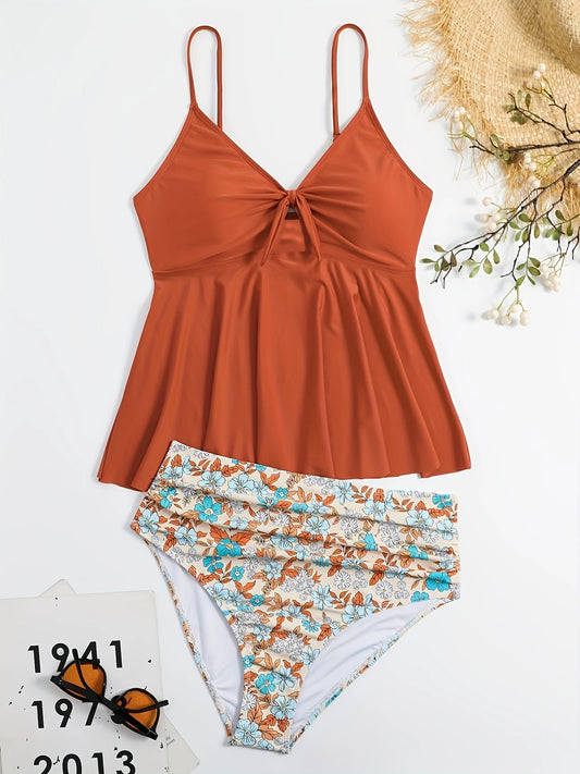 Bikini tankini à volants – Haut à bretelles corail et culotte taille haute à fleurs
