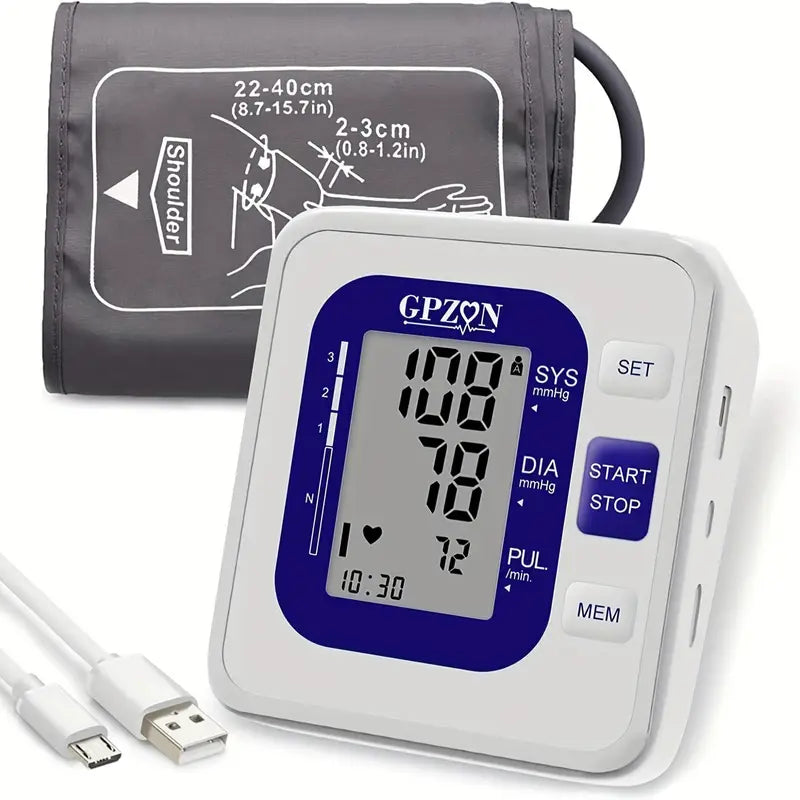 Tensiomètre Électronique Bras GPZON – USB Rechargeable | Grand Écran LCD, Brassard Ajustable 22-40 cm | Mesure Précise Tension & Pouls, Mémoire & Détection Cardiaque Automatique