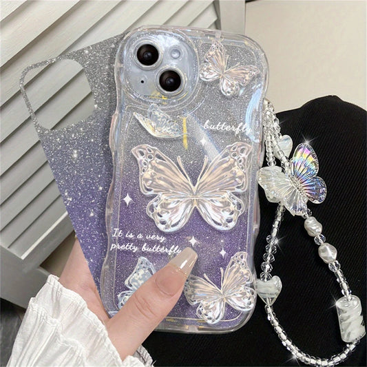 Coque de Téléphone Transparente avec Papillons et Strass – Design Éclatant avec Accessoire Suspendu