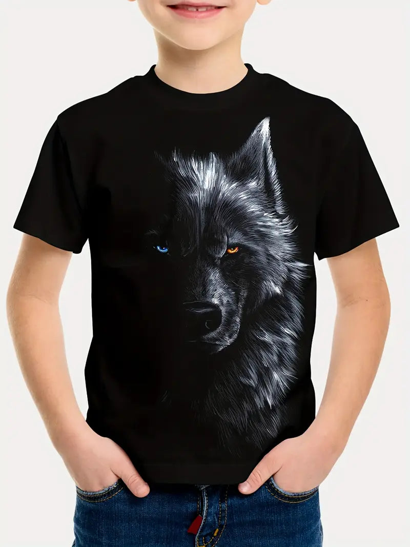 T-shirt Garçon Noir Motif Loup 3D – Haut Imprimé Animal Sauvage Mode Streetwear Enfant