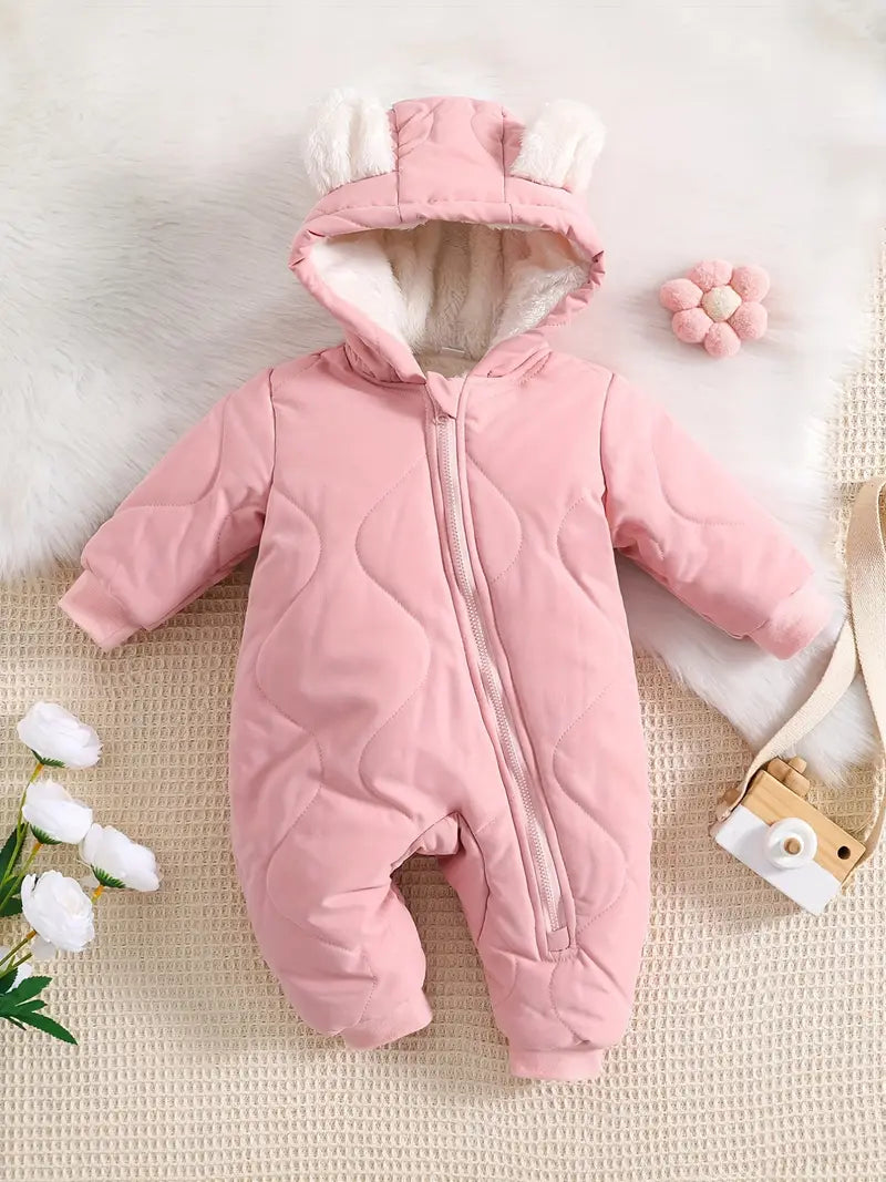 Combinaison Body Bébé Hiver Rose avec Capuche Oreilles – Pyjama Chaud et Doux