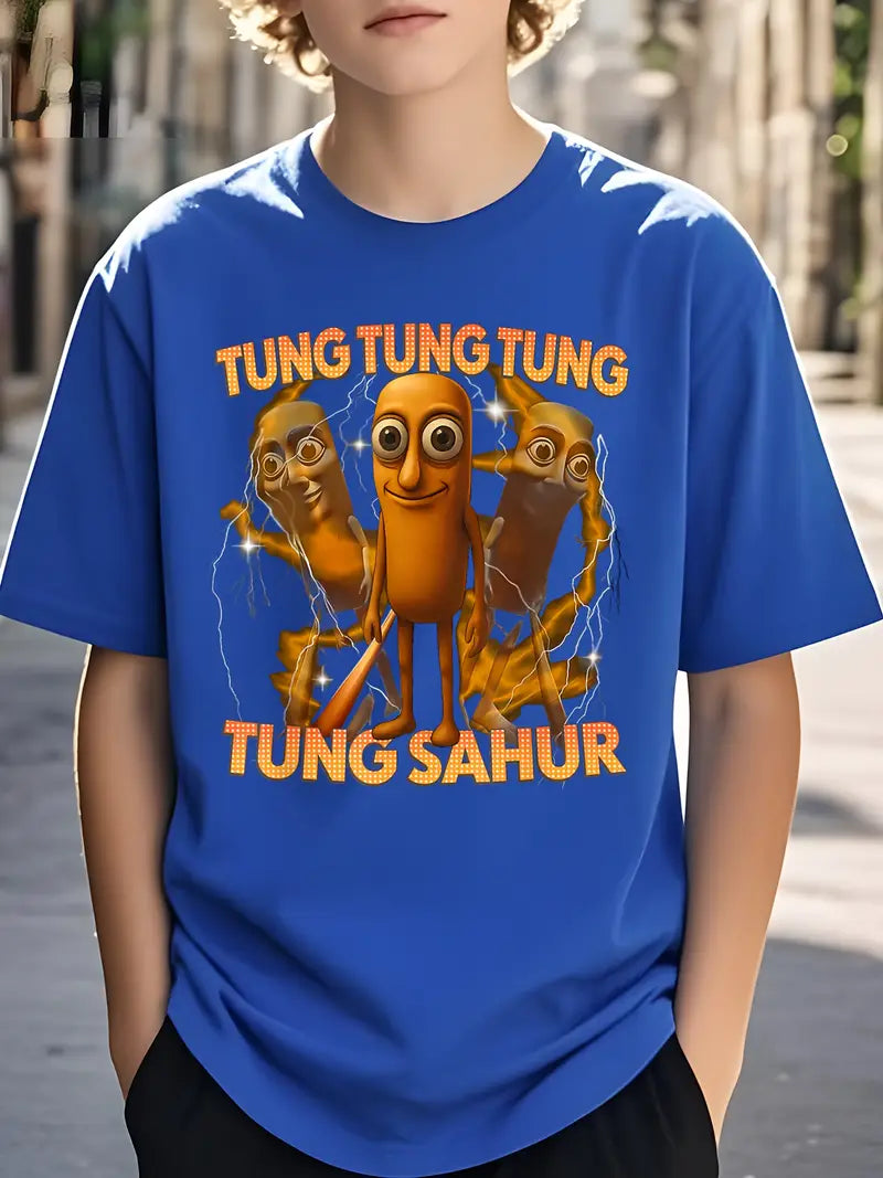 T-shirt Garçon Bleu Amusant – Motif Cartoon 3D Tung Tung Sahur