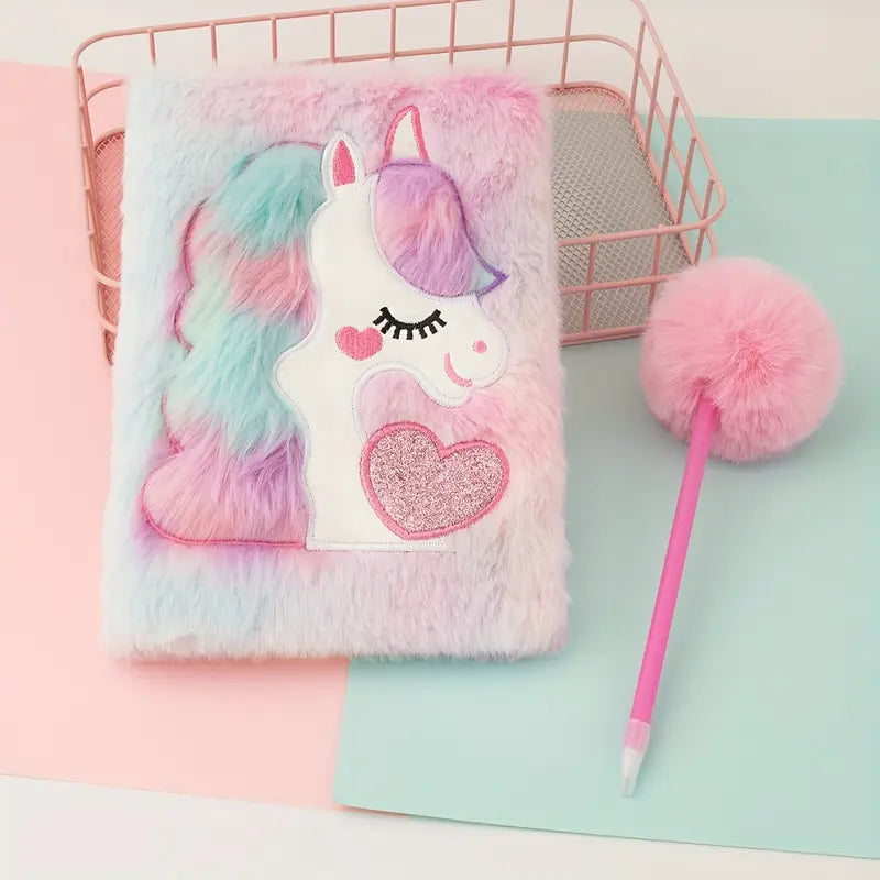 Carnet Fourrure Licorne Arc-en-Ciel avec Stylo Pompon – Journal Intime Enfant Mignon