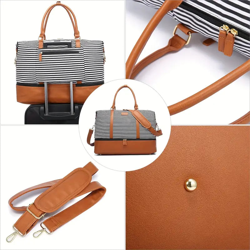 Sac de Voyage Rayé Élégant avec Bandoulière – Cabine Week-End Grande Capacité, Compatible Valise à Roulette