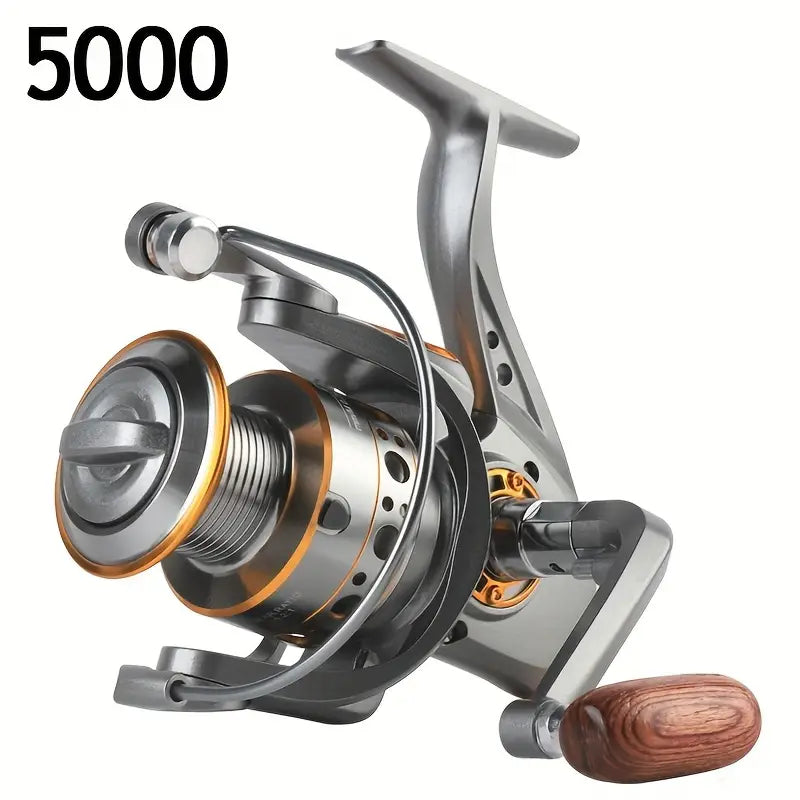 Moulinet de pêche 5000 – Bobine métallique robuste avec manivelle en bois pour eau douce et salée