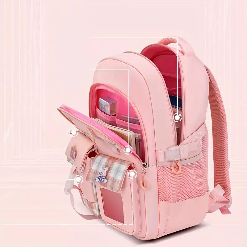 Sac à Dos Enfant Fille Rose – Cartable Primaire avec Poches Multiples et Motifs Lapin