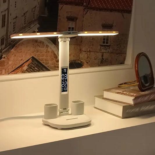 Lampe de bureau LED multifonction avec écran LCD, charge USB et rangement intégré – Lumière réglable et design moderne