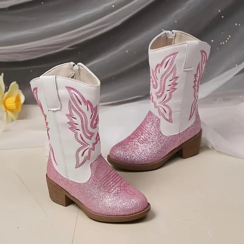 Bottes fille western pailletées roses et blanches – Style cowgirl chic