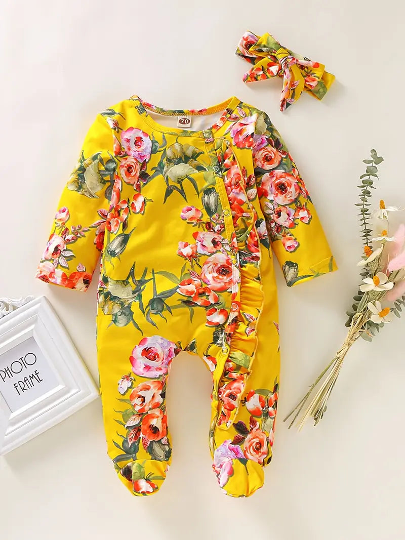 Body Bébé Fille à Fleurs Jaune avec Bandeau – Pyjama Combiné Confortable et Élégant