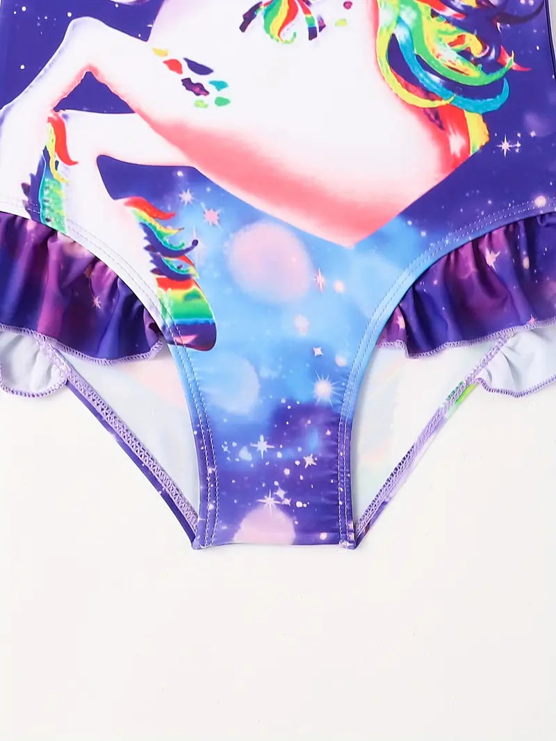 Maillot de bain fille une pièce licorne – Maillot violet arc-en-ciel avec volants