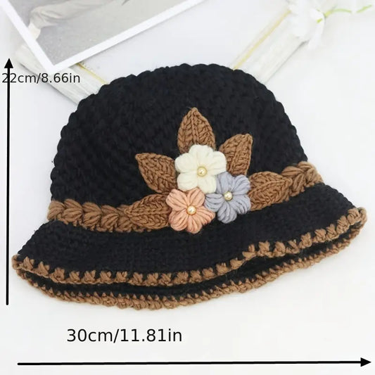 Chapeau cloche femme en crochet noir avec fleurs décoratives – Accessoire bohème chic été/printemps