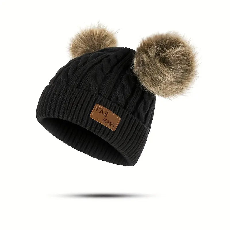Bonnet Tricot Bébé Fille avec Pompons Fourrure – Chapeaux et Casquettes Enfant Hiver Chaud & Doux