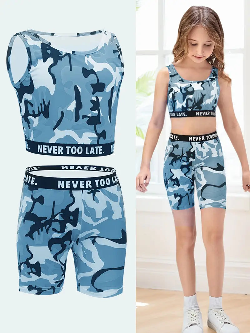 Ensemble fille camouflage bleu – brassière et short sport tendance, confortable et respirant