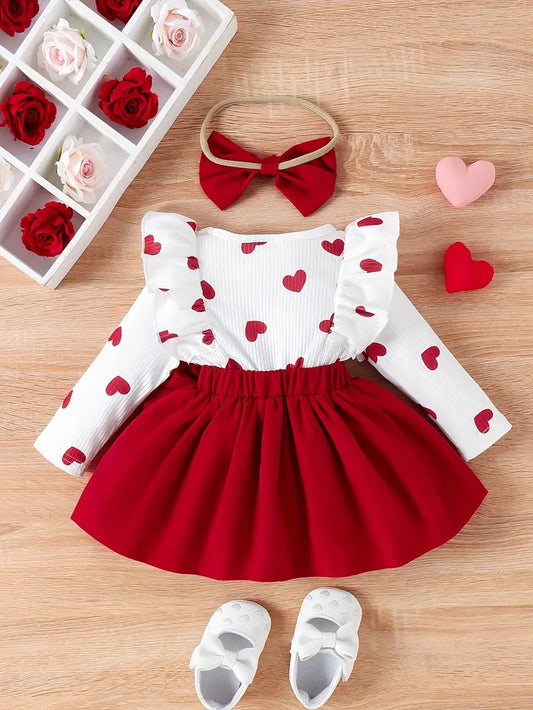 Robe fille blanche à cœurs rouges – Robe élégante avec grand nœud