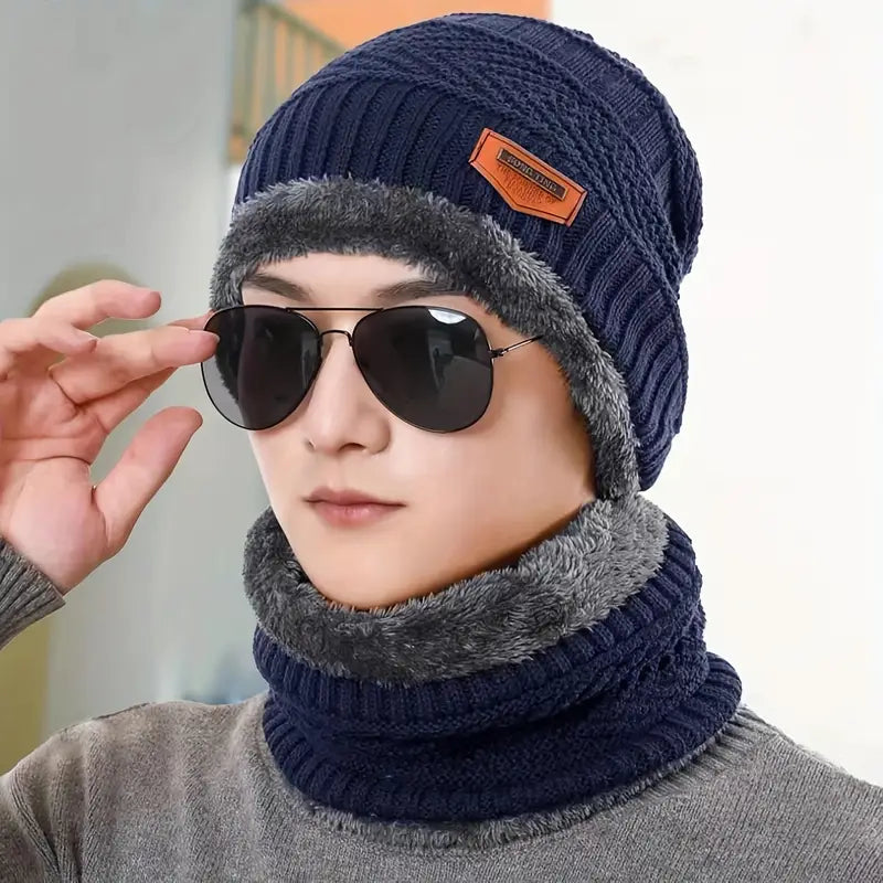Ensemble bonnet et écharpe tube homme – Tricot chaud doublé polaire pour hiver