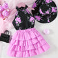 Ensemble fille été 2 pièces – Haut fleuri noir et jupe jaune à volants, coloris Violet