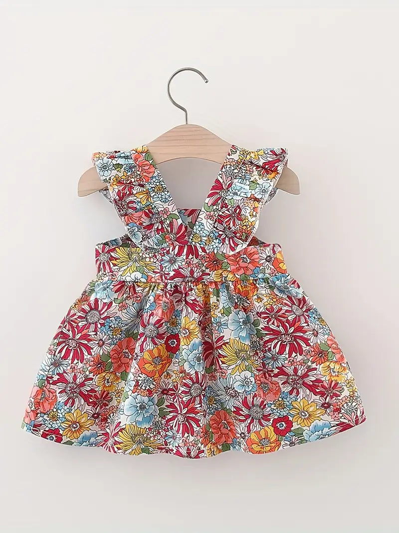 Robe bébé fille fleurie – Cadeau naissance été sans manches avec bretelles croisées