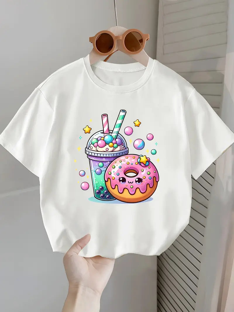 T-shirt fille blanc imprimé kawaii – Donut & Bubble Tea colorés