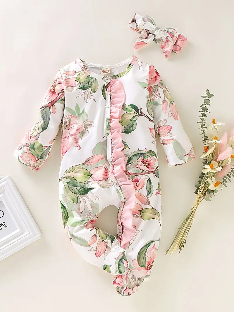 Body Bébé Fille à Fleurs Jaune avec Bandeau – Pyjama Combiné Confortable et Élégant