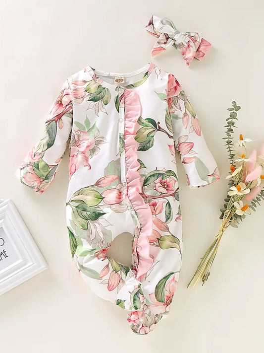 Body Bébé Fille à Fleurs Jaune avec Bandeau – Pyjama Combiné Confortable et Élégant