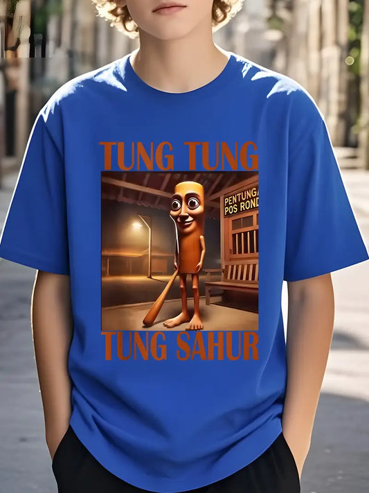 T-shirt Garçon Bleu Amusant – Motif Cartoon 3D Tung Tung Sahur