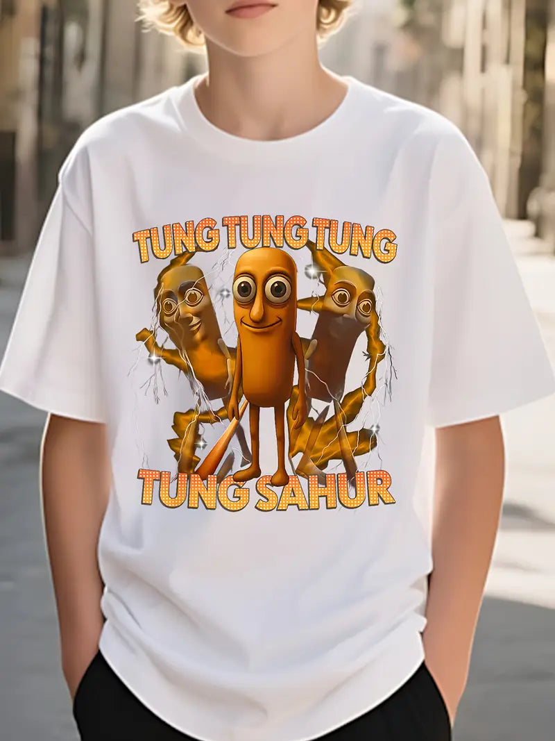 T-shirt Garçon Bleu Amusant – Motif Cartoon 3D Tung Tung Sahur