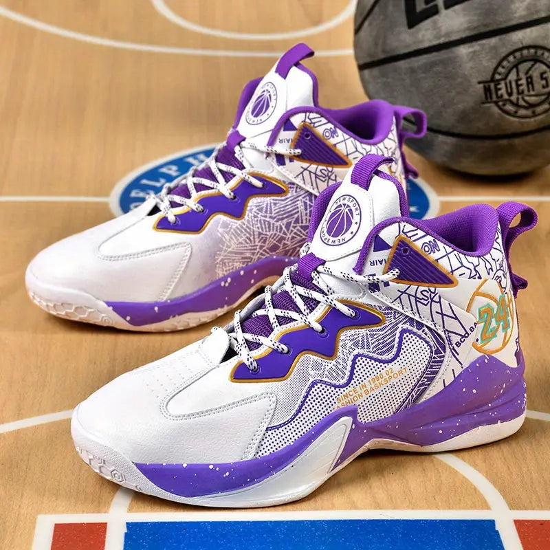 Baskets garçon – Chaussures de basketball montantes blanches et violettes avec semelle antidérapante