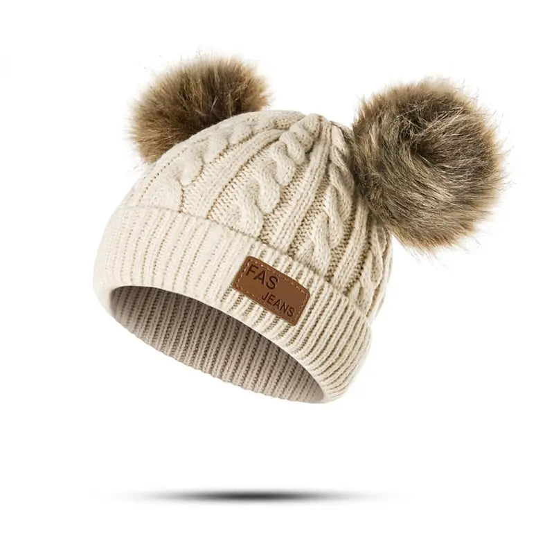 Bonnet Tricot Bébé Fille avec Pompons Fourrure – Chapeaux et Casquettes Enfant Hiver Chaud & Doux