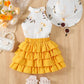 Ensemble fille été 2 pièces – Haut fleuri noir et jupe jaune à volants, coloris Jaune