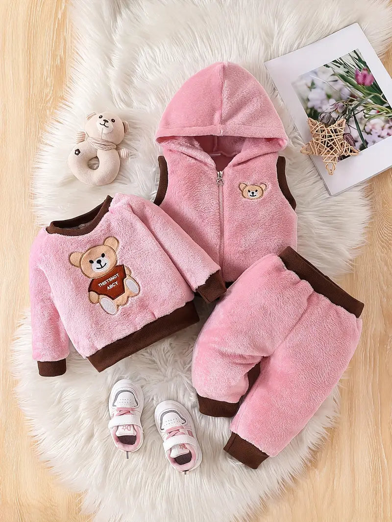Ensemble Bébé Hiver en Polaire Rose – 3 Pièces Chaudes avec Sweat Ours, Gilet à Capuche et Pantalon