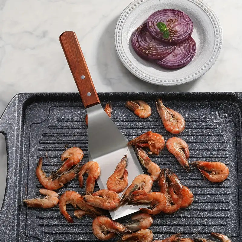 Spatule de Cuisine et Barbecue en Acier Inoxydable avec Manche en Bois – Outil de Cuisson pour Grillades et Plancha