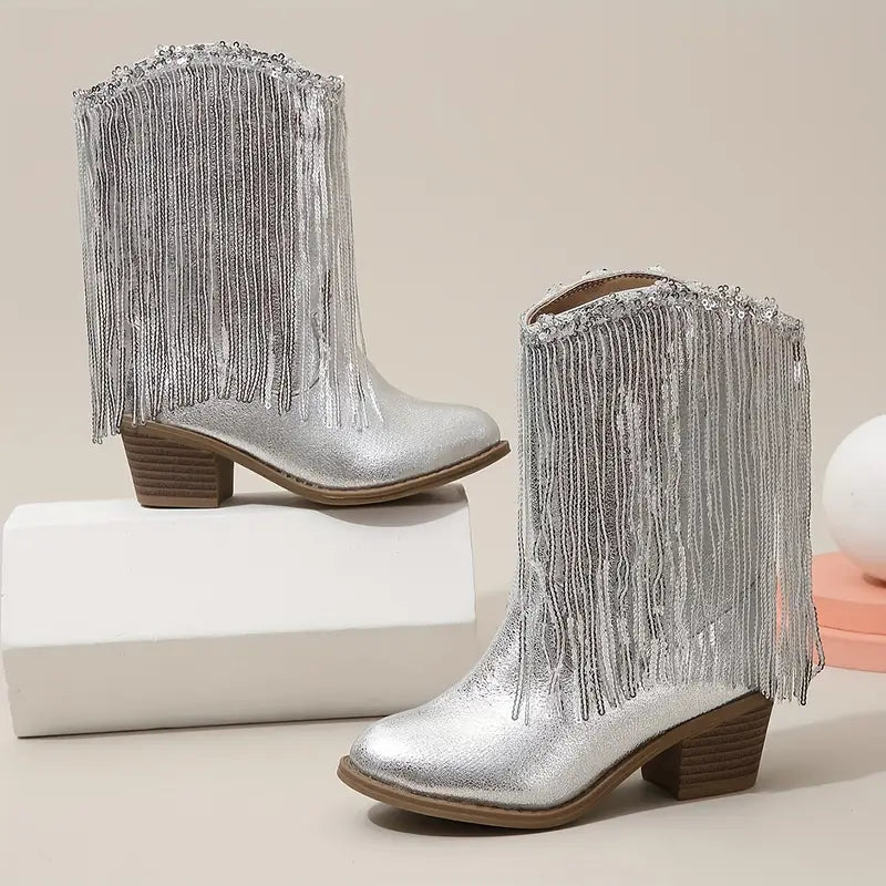 Bottes fille argentées à franges et paillettes – Style western chic
