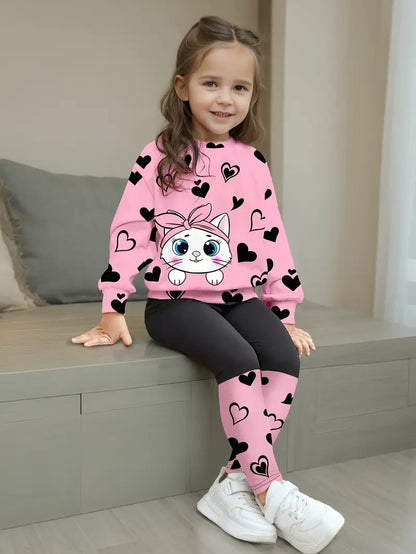 Chemise fille rose imprimé chat et cœurs