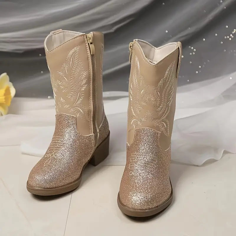Bottes fille western pailletées roses et blanches – Style cowgirl chic