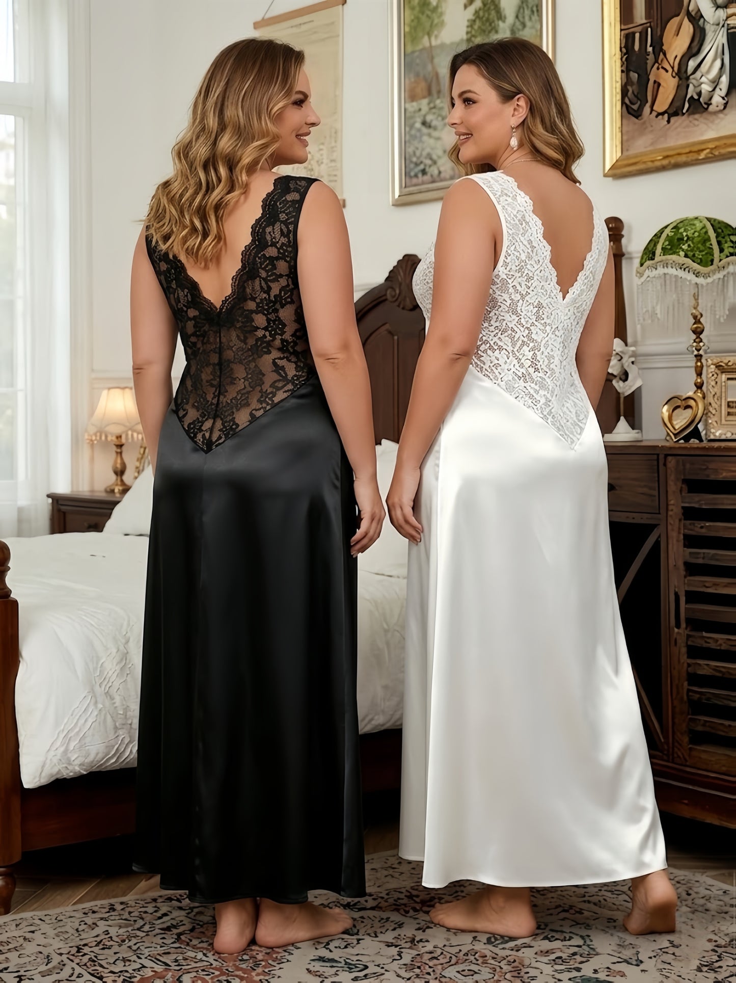Lot de 2 longues nuisettes grande taille avec larges bretelles