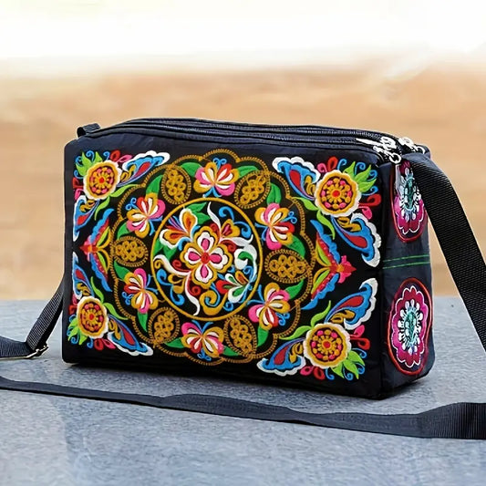 Sac à main femme brodé multicolore Design bohème chic et bandoulière réglable
