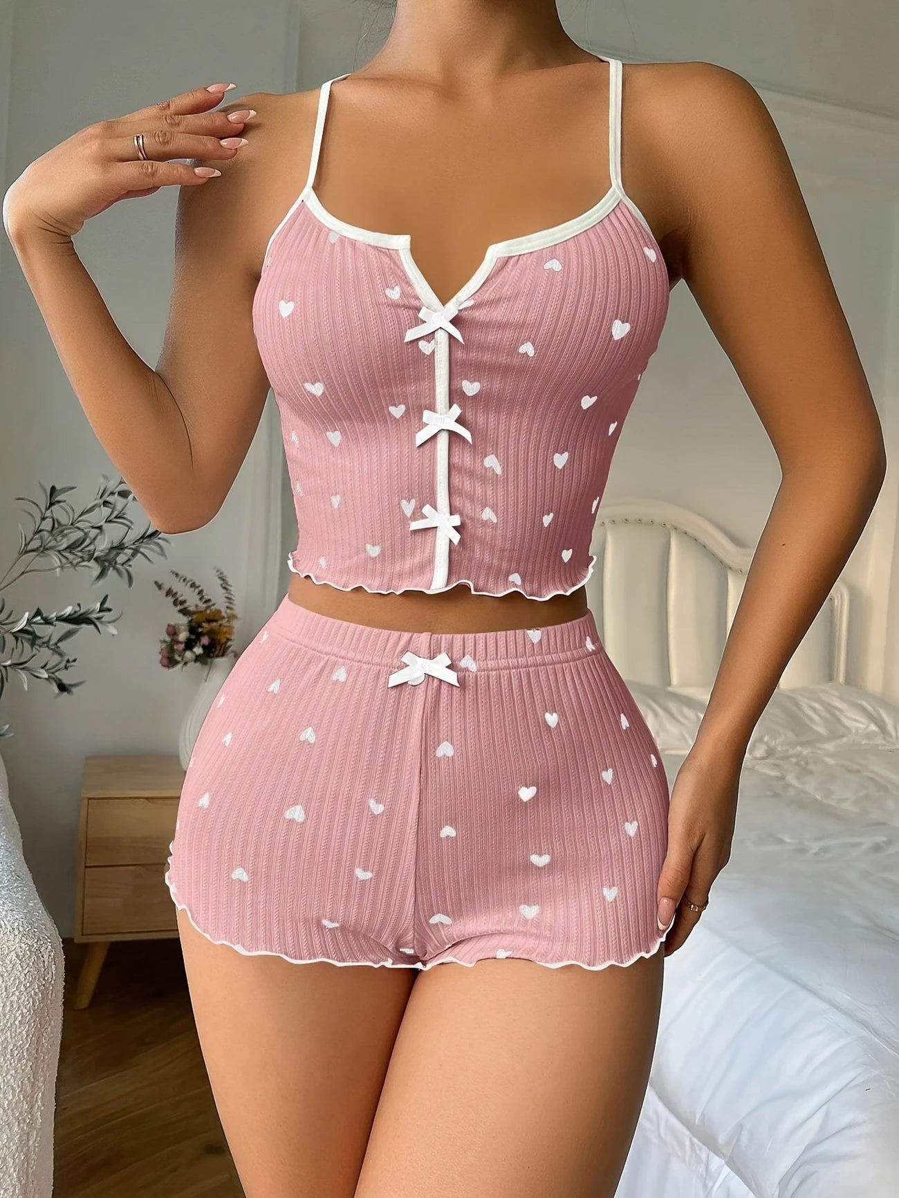 Pyjama Femme Été Côtelé Rose – Ensemble 2 Pièces Débardeur & Short à Cœurs