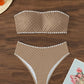 Bikini bandeau texturé – Maillot 2 pièces taille haute avec détails festonnés blancs