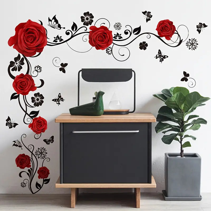 Sticker mural fleurs et papillons – Décoration murale avec roses rouges en relief, pour salon ou chambre