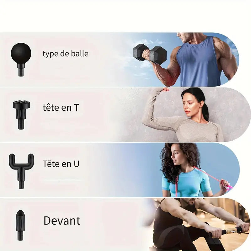 Pistolet de Massage Musculaire Électrique – 6 Vitesses, 4 Têtes, Écran LCD, Relaxation Profonde & Récupération Sportive