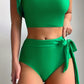 Bikini vert/noir asymétrique avec volant – Haut une épaule élégant et culotte taille haute nouée