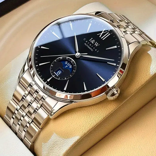 Montre homme automatique élégante – Acier inoxydable argenté avec calendrier et phase de lune