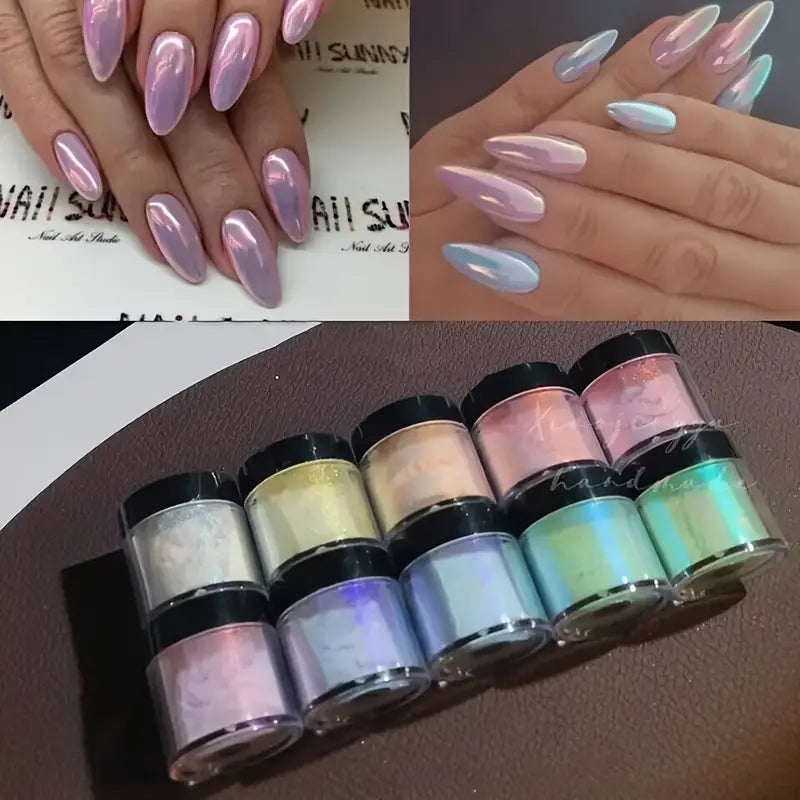 Vernis en Poudre Effet Miroir Nacré – 10 Teintes Chromées Pastel pour Ongles Brillants