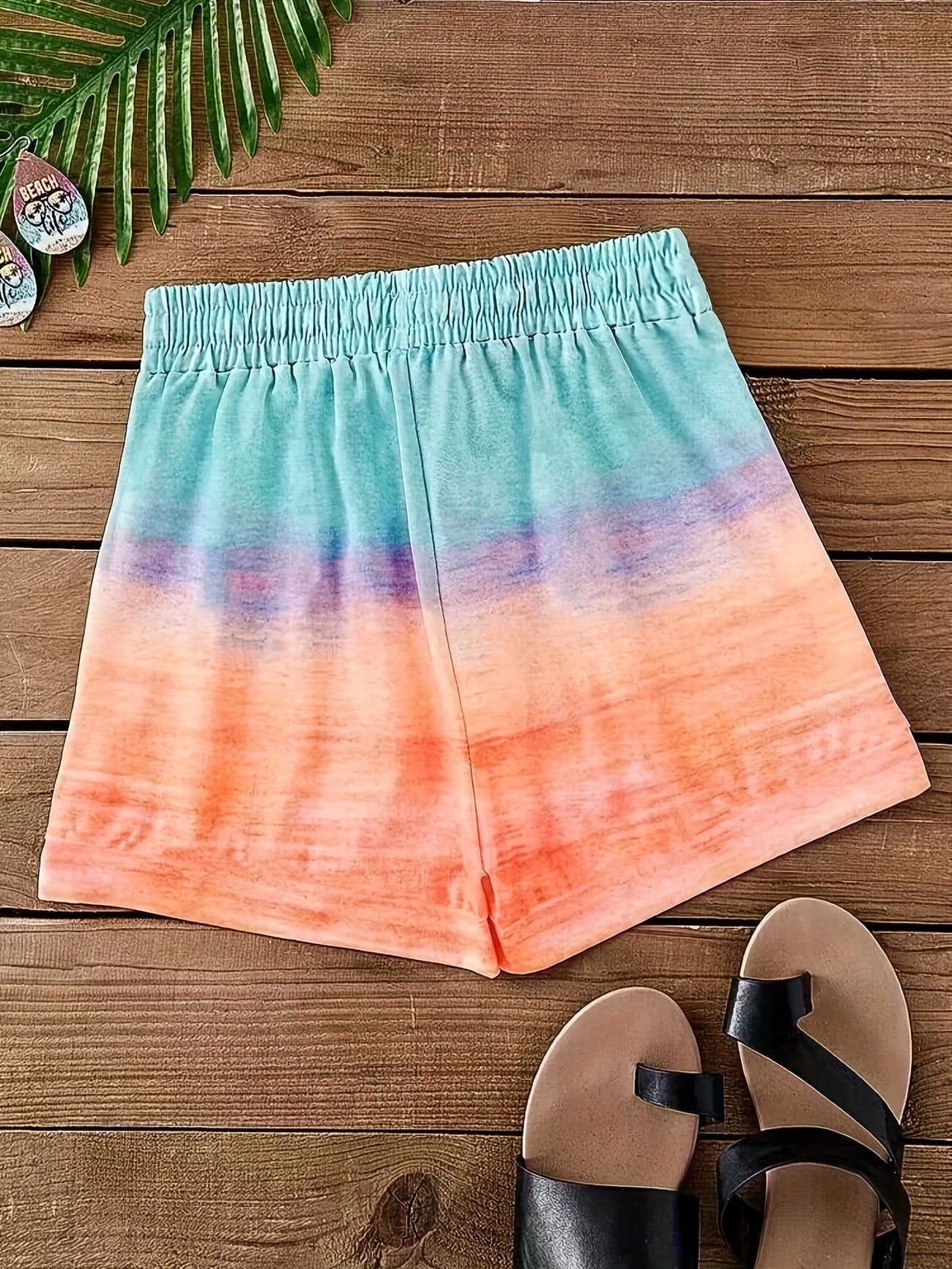 Short de Plage Femme Dégradé Sunset – Taille Élastique, Palmier & Message "Live Simply"