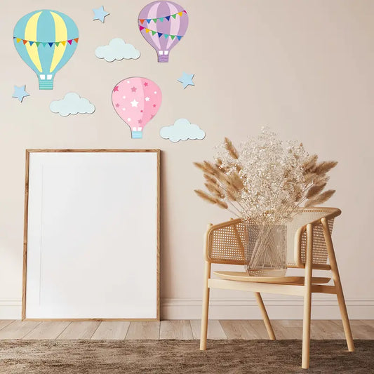Stickers Muraux Montgolfières et Étoiles – Décoration Adhésive pour Salle de Classe ou Chambre d’Enfant